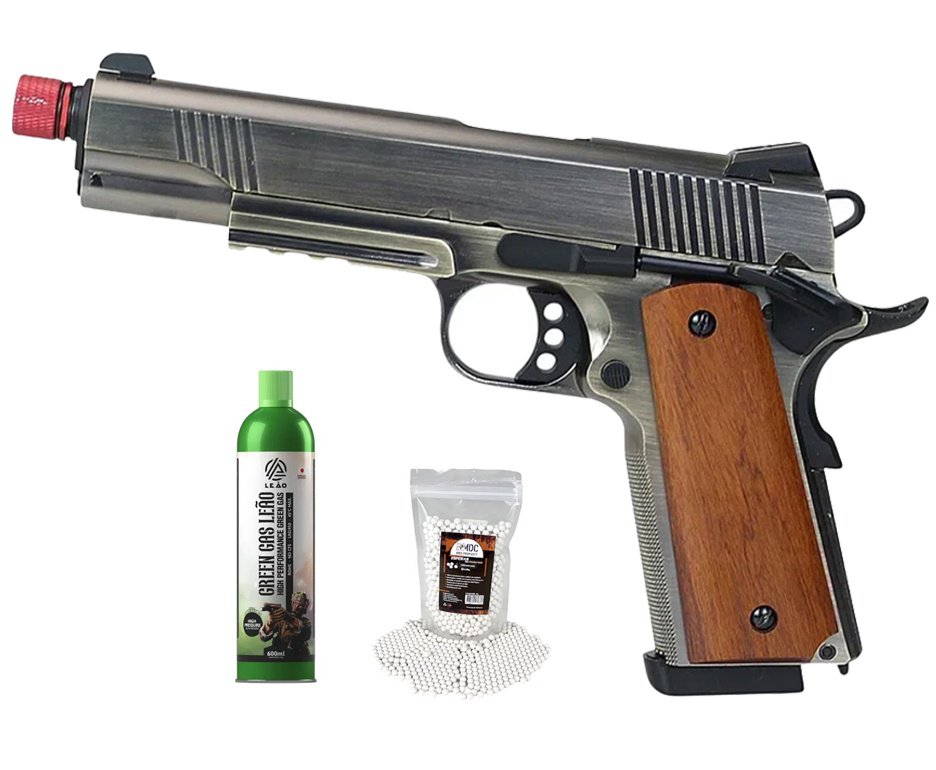 Pistola de Airsoft GBB Rossi 1911 Silver Wood 6mm Full Metal Blowback + GBB + BBS