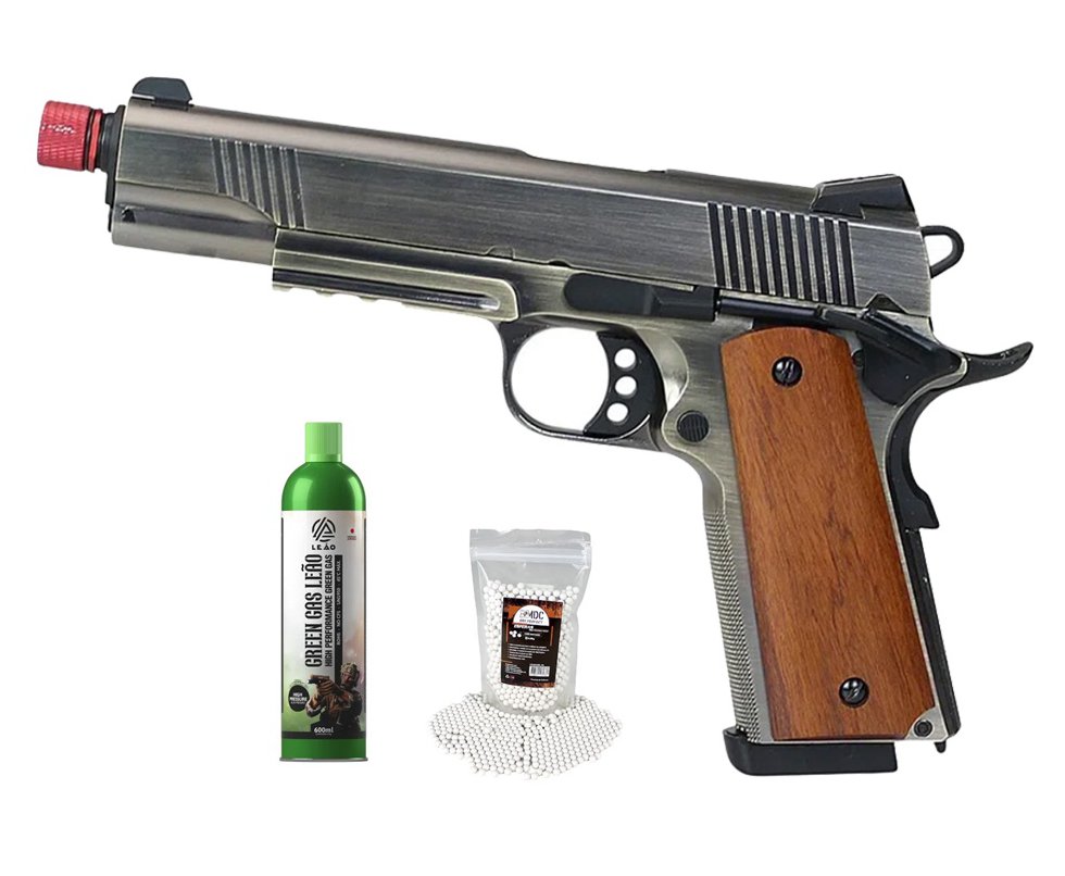 Pistola de Airsoft GBB Rossi 1911 Silver Wood 6mm Full Metal Blowback + GBB + BBS