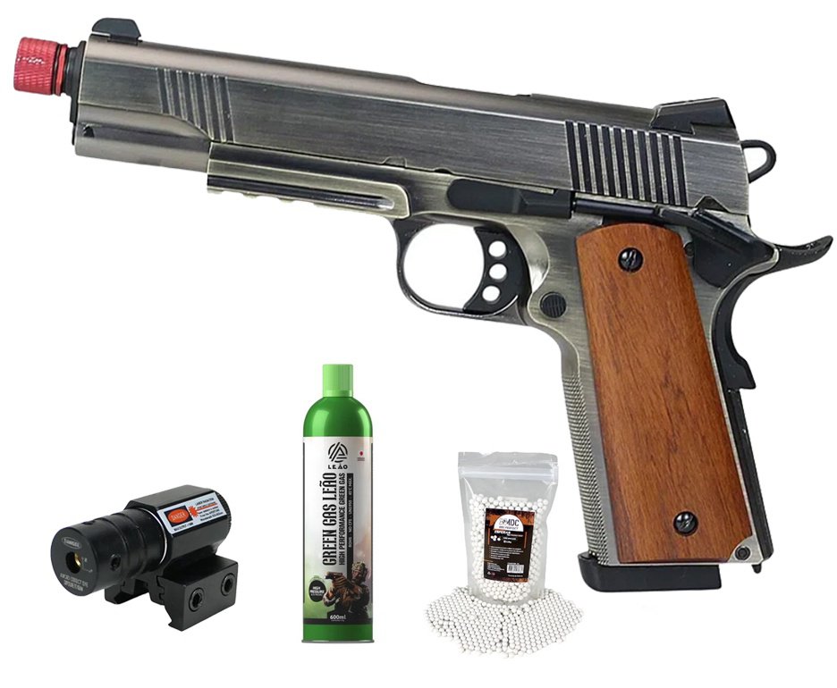 Pistola de Airsoft GBB Rossi 1911 Silver Wood 6mm Full Metal Blowback + GBB + BBS + Laser