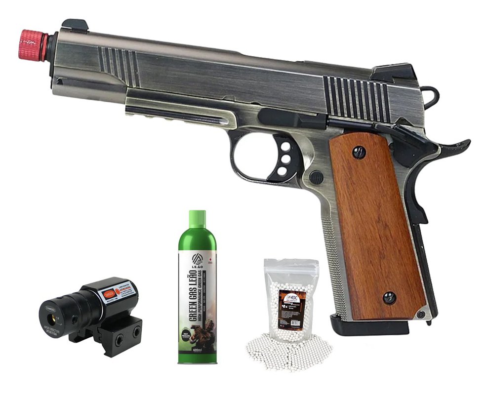 Pistola de Airsoft GBB Rossi 1911 Silver Wood 6mm Full Metal Blowback + GBB + BBS + Laser