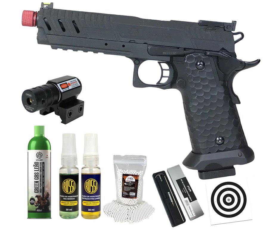 Pistola de Airsoft GBB Rossi 1911 Shadow Black 6mm + GBB + BBS + Case + Alvos + Kit Fluido + Laser + Kit de Limpeza