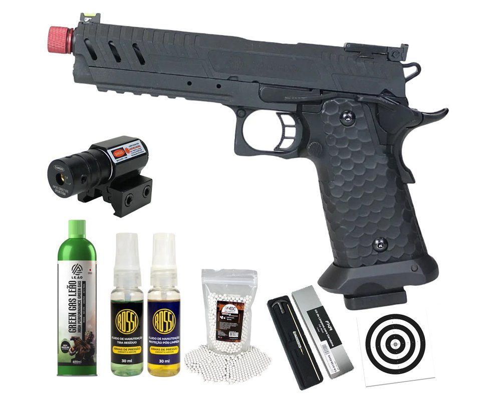 Pistola de Airsoft GBB Rossi 1911 Shadow Black 6mm + GBB + BBS + Case + Alvos + Kit Fluido + Laser + Kit de Limpeza