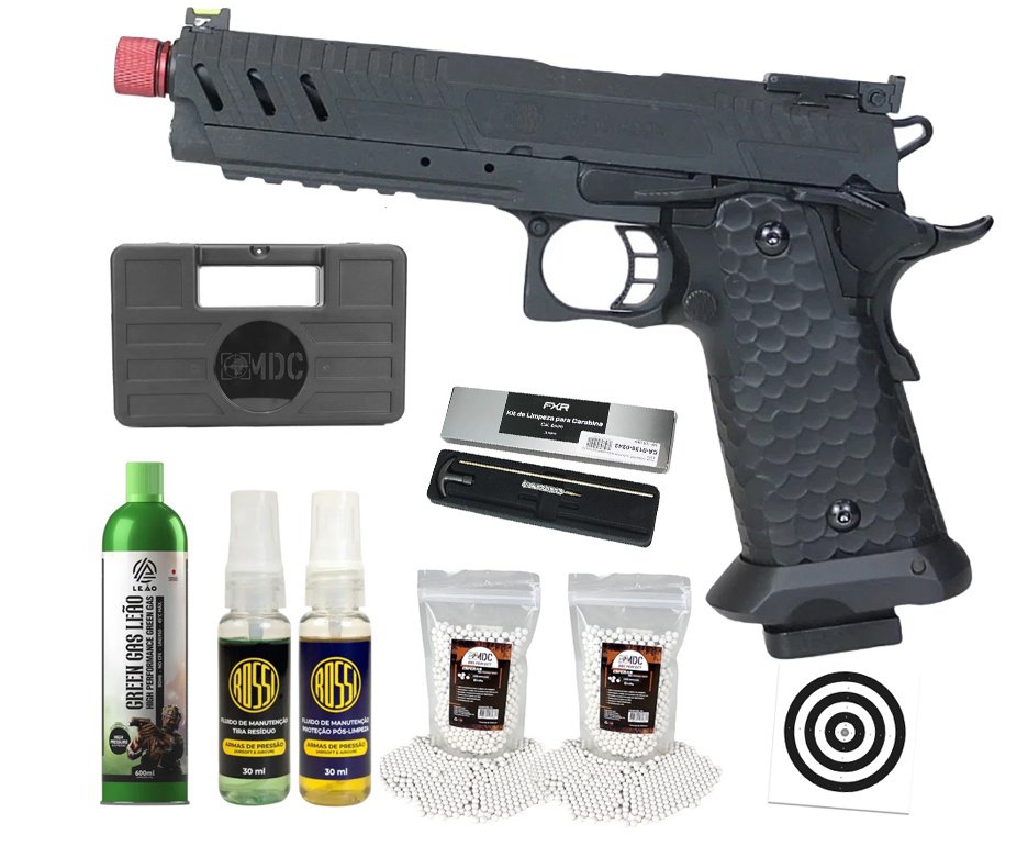 Pistola de Airsoft GBB Rossi 1911 Shadow Black 6mm + GBB + BBS + Case + Alvos + Kit Fluido + Laser + Kit de Limpeza
