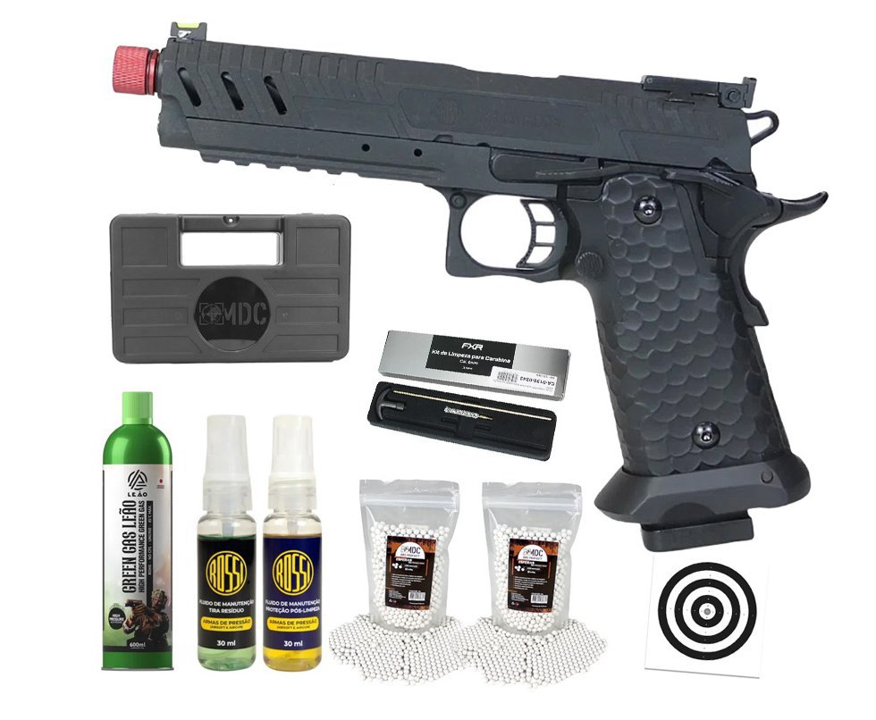 Pistola de Airsoft GBB Rossi 1911 Shadow Black 6mm + GBB + BBS + Case + Alvos + Kit Fluido + Laser + Kit de Limpeza