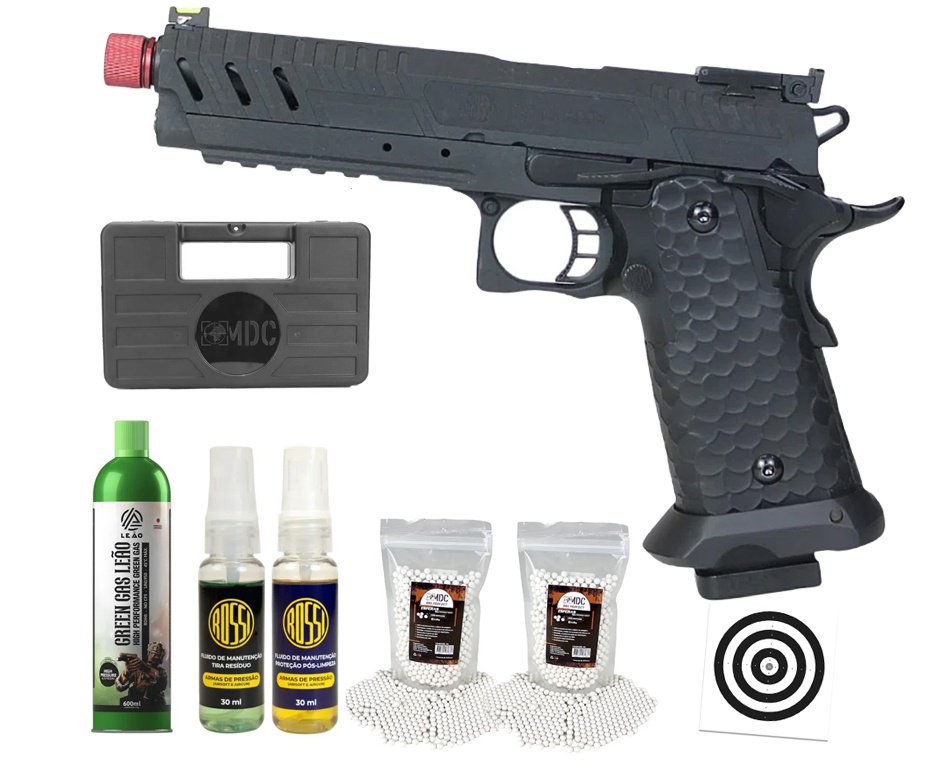 Pistola de Airsoft GBB Rossi 1911 Shadow Black 6mm + GBB + BBS + Case + Alvos + Kit Fluido