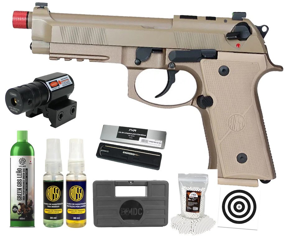 Pistola de Airsoft Gás GBB Rossi Beretta M9A4 Tan 6mm Blowback + GBB + BBS + Case + Alvos + Kit Fluido + Laser + Kit de Limpeza