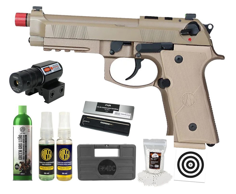 Pistola de Airsoft Gás GBB Rossi Beretta M9A4 Tan 6mm Blowback + GBB + BBS + Case + Alvos + Kit Fluido + Laser + Kit de Limpeza