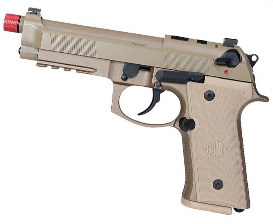 Pistola de Airsoft Gás GBB Rossi Beretta M9A4 Tan 6mm Blowback + GBB + BBS + Case + Alvos + Kit Fluido + Laser + Kit de Limpeza
