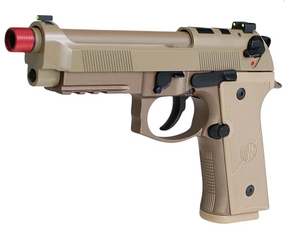 Pistola de Airsoft Gás GBB Rossi Beretta M9A4 Tan 6mm Blowback + GBB + BBS + Case + Alvos + Kit Fluido + Laser + Kit de Limpeza