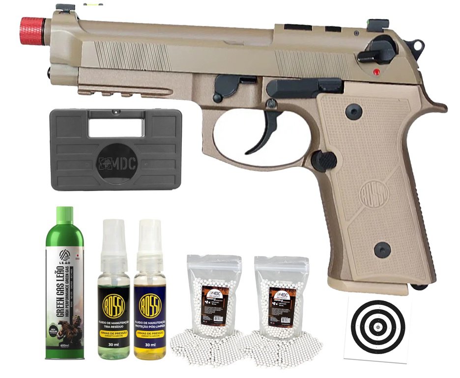 Pistola de Airsoft Gás GBB Rossi Beretta M9A4 Tan 6mm Blowback + GBB + BBS + Case + Alvos + Kit Fluido