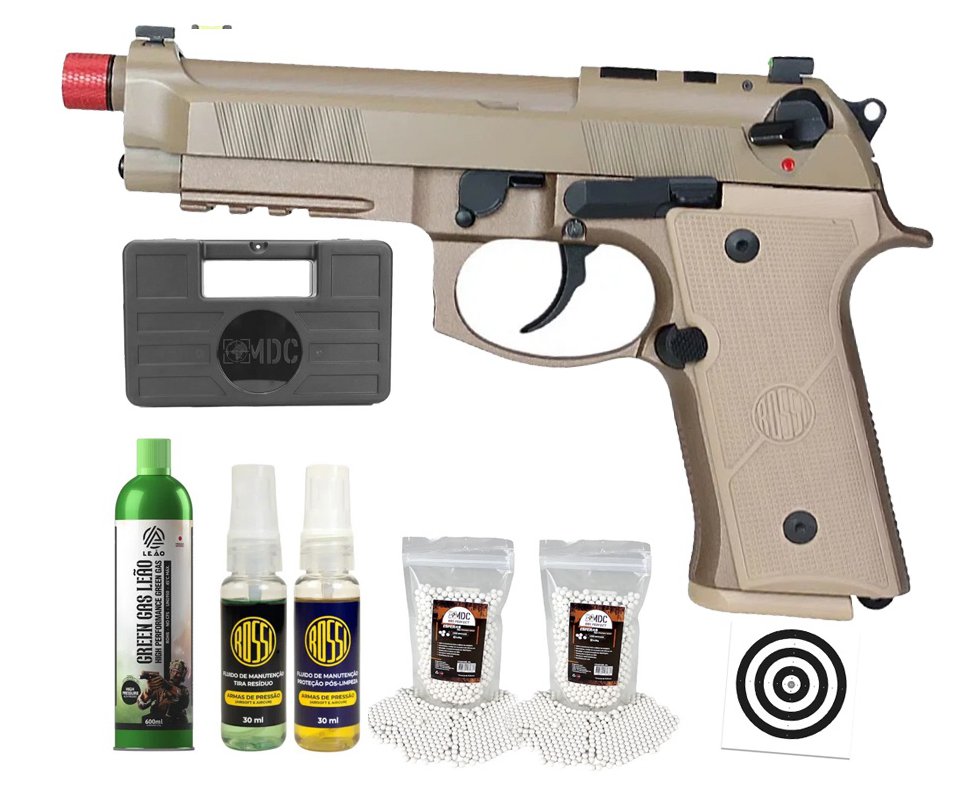 Pistola de Airsoft Gás GBB Rossi Beretta M9A4 Tan 6mm Blowback + GBB + BBS + Case + Alvos + Kit Fluido