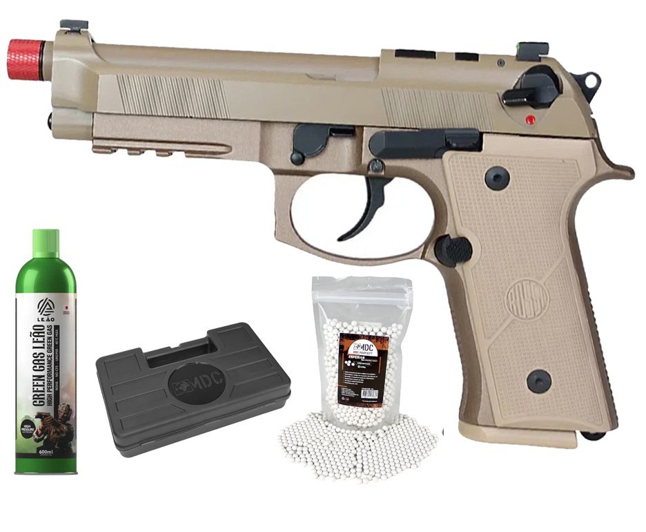 Pistola de Airsoft Gás GBB Rossi Beretta M9A4 Tan 6mm Blowback + GBB + BBS + Case