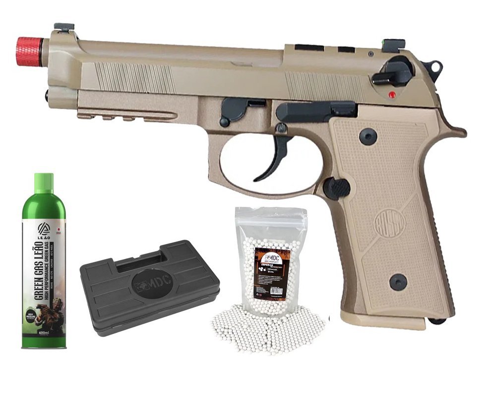 Pistola de Airsoft Gás GBB Rossi Beretta M9A4 Tan 6mm Blowback + GBB + BBS + Case