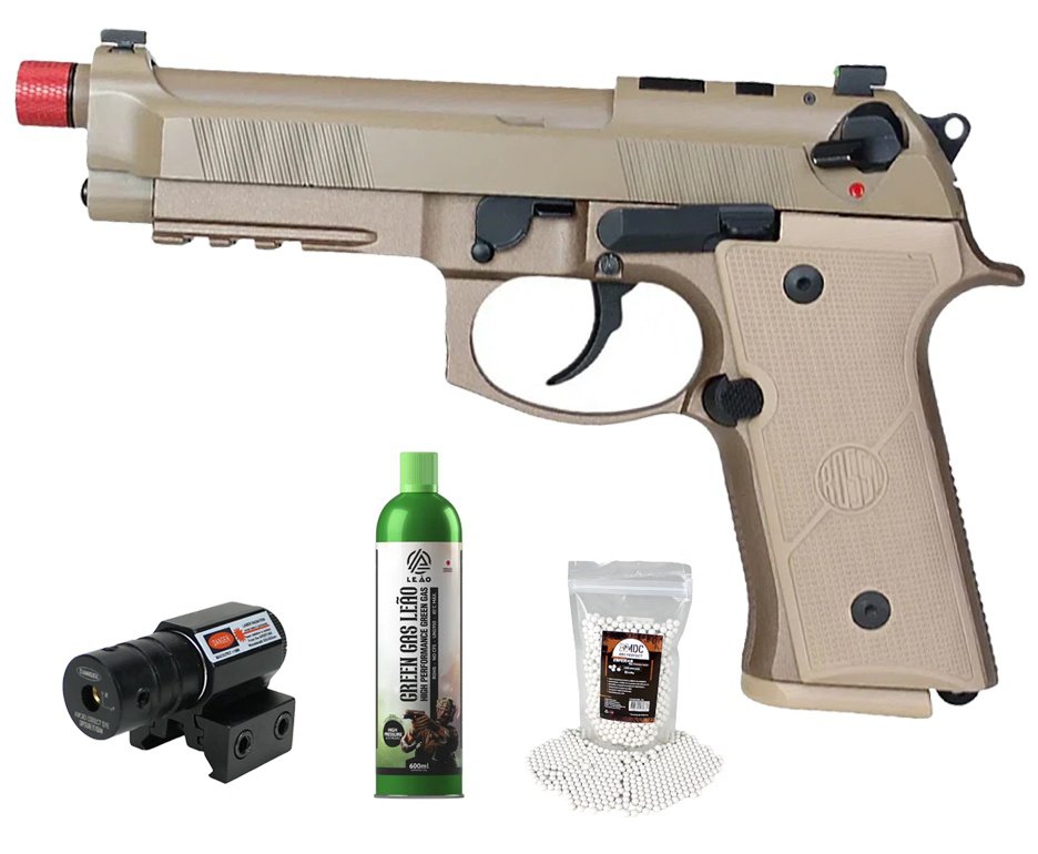 Pistola de Airsoft Gás GBB Rossi Beretta M9A4 Tan 6mm Blowback + GBB + BBS + Laser