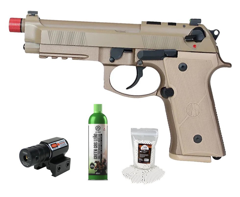 Pistola de Airsoft Gás GBB Rossi Beretta M9A4 Tan 6mm Blowback + GBB + BBS + Laser