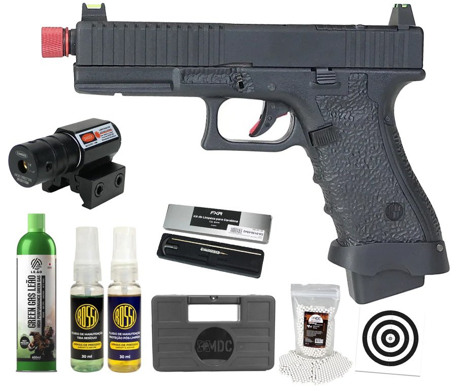 Pistola de Airsoft Gás GBB Rossi G19 Striker Black 6mm Blowback + GBB + BBS + Case + Alvos + Kit Fluido + Laser + Kit de Limpeza