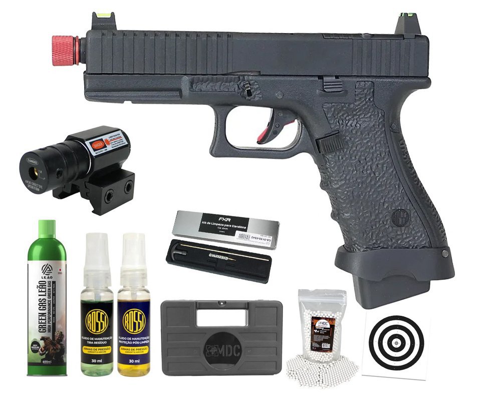 Pistola de Airsoft Gás GBB Rossi G19 Striker Black 6mm Blowback + GBB + BBS + Case + Alvos + Kit Fluido + Laser + Kit de Limpeza
