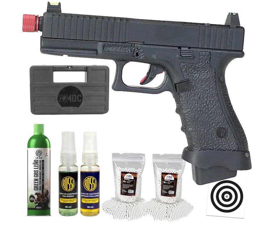 Pistola de Airsoft Gás GBB Rossi G19 Striker Black 6mm Blowback + GBB + BBS + Case + Alvos + Kit Fluido