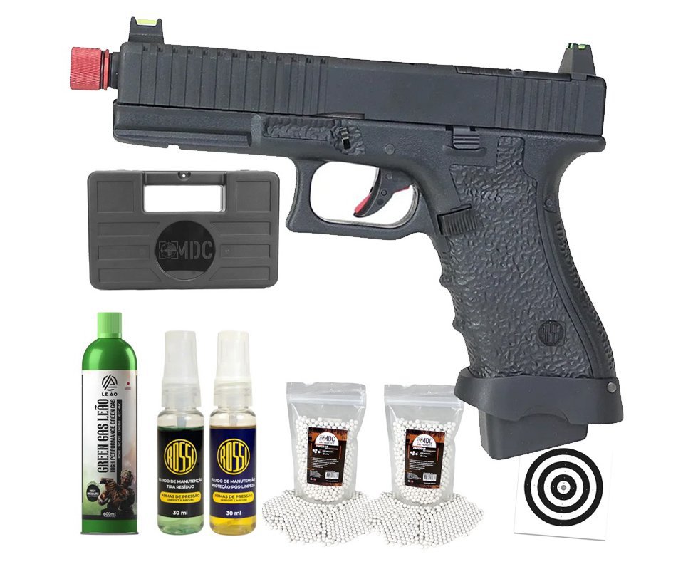 Pistola de Airsoft Gás GBB Rossi G19 Striker Black 6mm Blowback + GBB + BBS + Case + Alvos + Kit Fluido