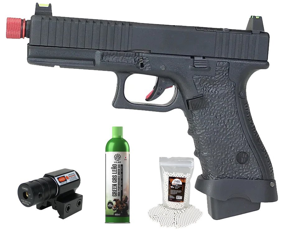 Pistola de Airsoft Gás GBB Rossi G19 Striker Black 6mm Blowback + GBB + BBS + Laser