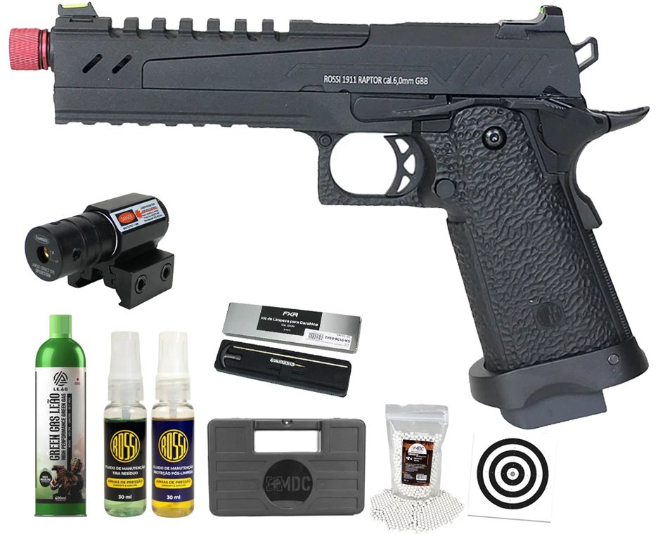 Pistola de Airsoft GBB Rossi 1911 Raptor 6mm Blowback + GBB + BBS + Case + Alvos + Kit Fluido + Laser + Kit de Limpeza