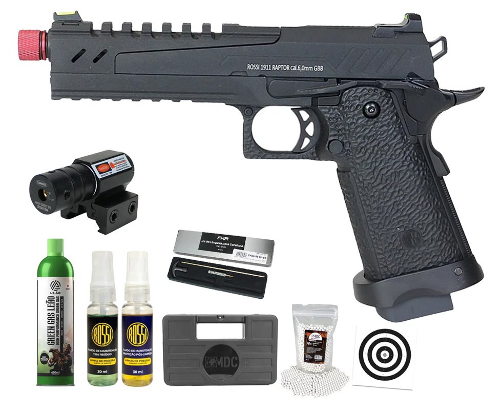 Pistola de Airsoft GBB Rossi 1911 Raptor 6mm Blowback + GBB + BBS + Case + Alvos + Kit Fluido + Laser + Kit de Limpeza