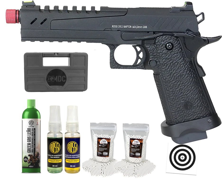 Pistola de Airsoft GBB Rossi 1911 Raptor 6mm Blowback + GBB + BBS + Case + Alvos + Kit Fluido