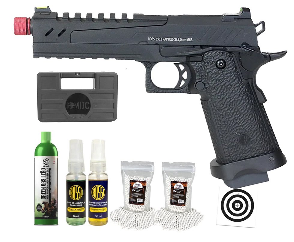 Pistola de Airsoft GBB Rossi 1911 Raptor 6mm Blowback + GBB + BBS + Case + Alvos + Kit Fluido
