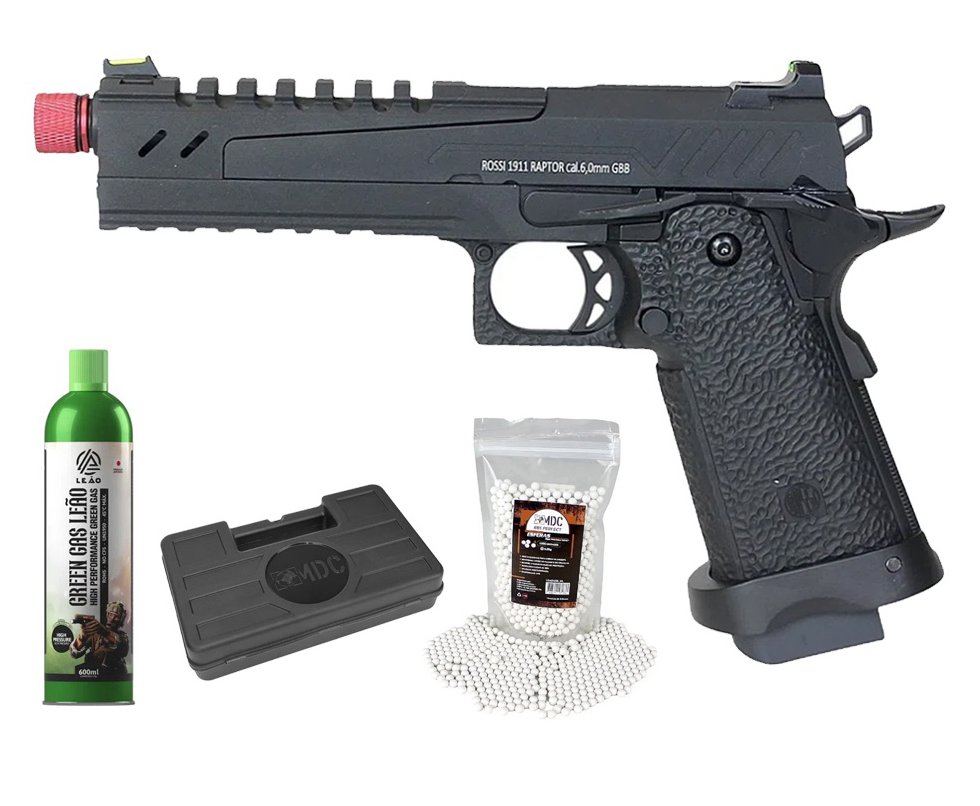 Pistola de Airsoft GBB Rossi 1911 Raptor 6mm Blowback + GBB + BBS + Case