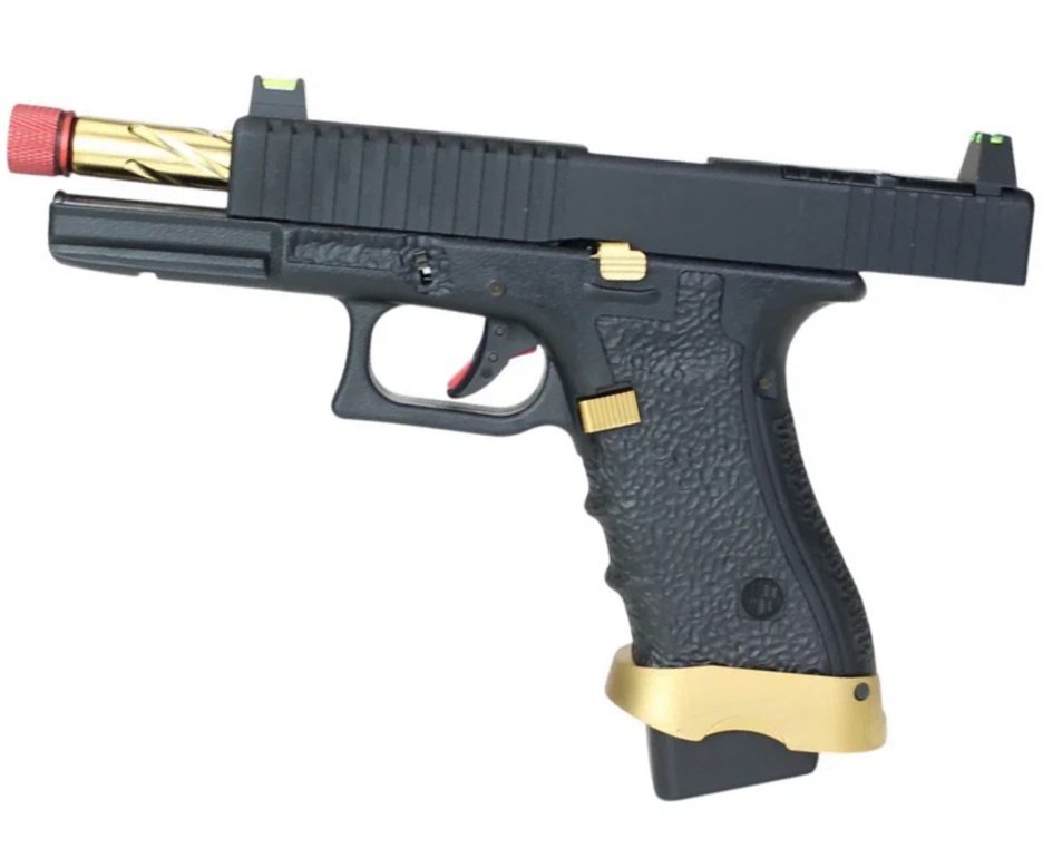 Pistola de Airsoft Gás GBB Rossi G19 Striker Gold 6mm Blowback + GBB + BBS + Case + Alvos + Kit Fluido + Laser + Kit de Limpeza