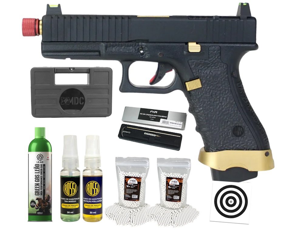 Pistola de Airsoft Gás GBB Rossi G19 Striker Gold 6mm Blowback + GBB + BBS + Case + Alvos + Kit Fluido + Laser + Kit de Limpeza