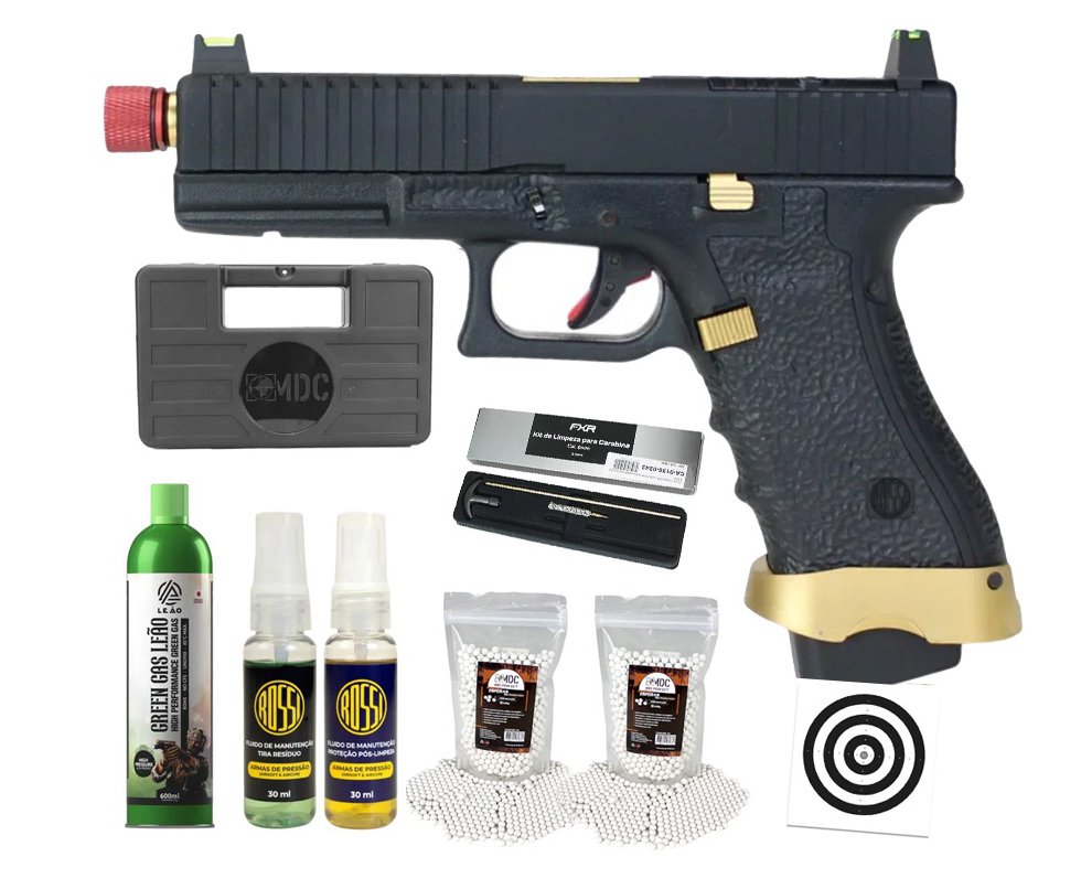 Pistola de Airsoft Gás GBB Rossi G19 Striker Gold 6mm Blowback + GBB + BBS + Case + Alvos + Kit Fluido + Laser + Kit de Limpeza