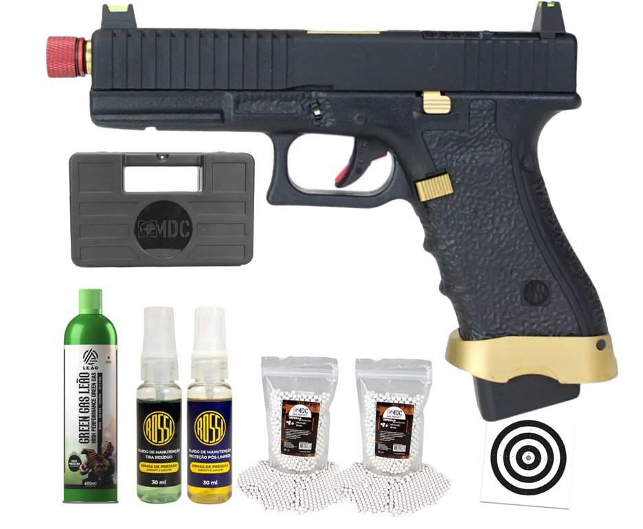 Pistola de Airsoft Gás GBB Rossi G19 Striker Gold 6mm Blowback + GBB + BBS + Case + Alvos + Kit Fluido