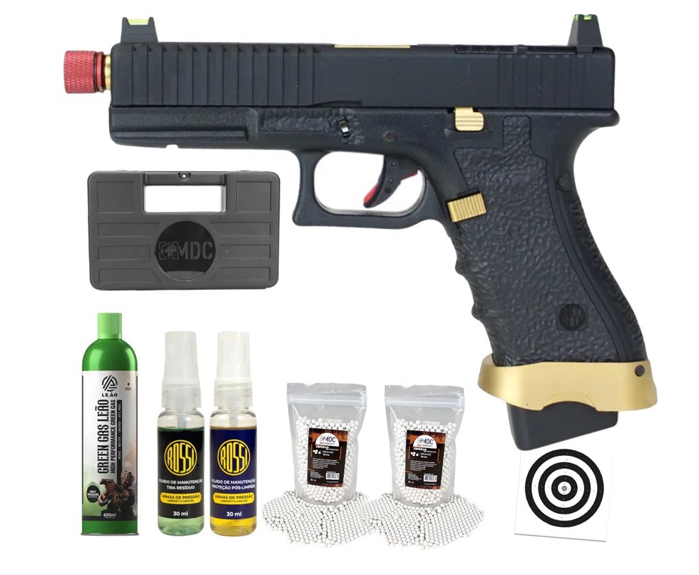 Pistola de Airsoft Gás GBB Rossi G19 Striker Gold 6mm Blowback + GBB + BBS + Case + Alvos + Kit Fluido