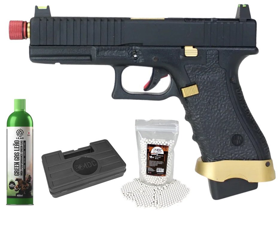 Pistola de Airsoft Gás GBB Rossi G19 Striker Gold 6mm Blowback + GBB + BBS + Case
