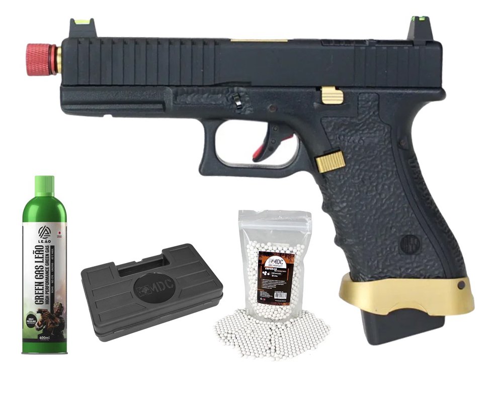 Pistola de Airsoft Gás GBB Rossi G19 Striker Gold 6mm Blowback + GBB + BBS + Case