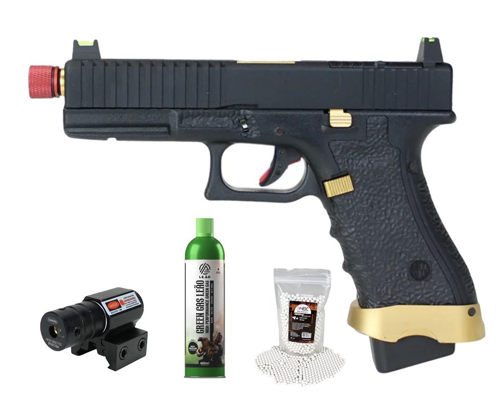 Pistola de Airsoft Gás GBB Rossi G19 Striker Gold 6mm Blowback + GBB + BBS + Laser