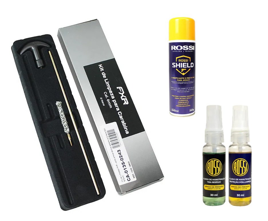 Oleo Lubrificante Desengripante Rossi Shield 300ml - anticorrosão, hidro-repelente + Kit de Limpeza Airsoft 6,0 + Kit Fluidos de Manutenção