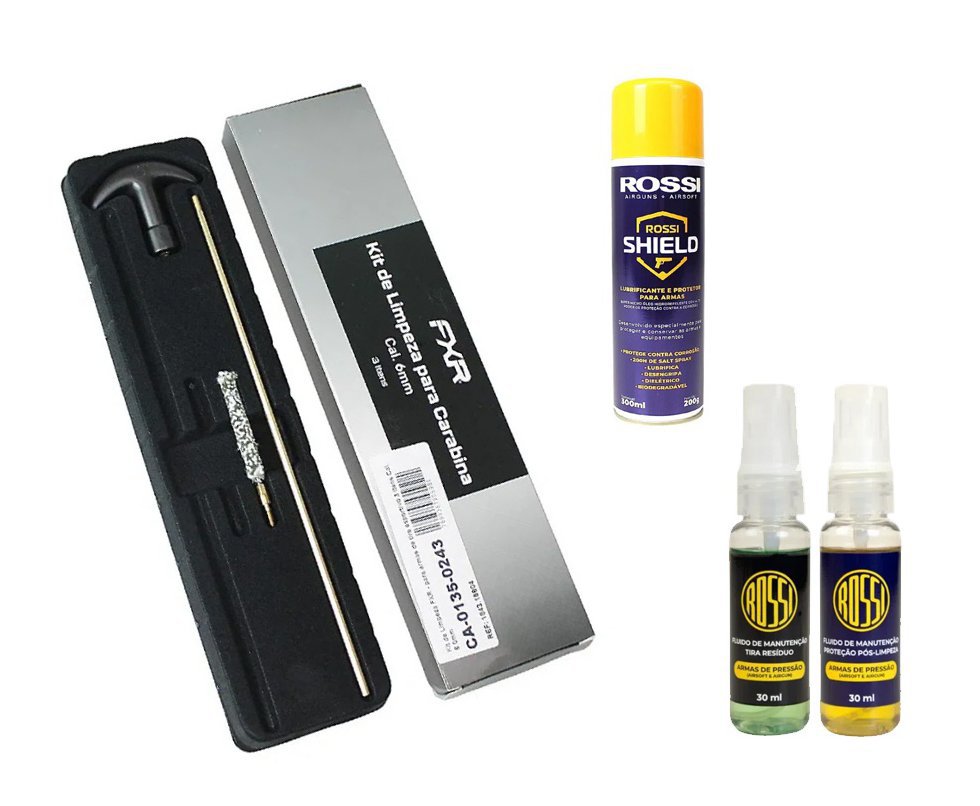 Oleo Lubrificante Desengripante Rossi Shield 300ml - anticorrosão, hidro-repelente + Kit de Limpeza Airsoft 6,0 + Kit Fluidos de Manutenção