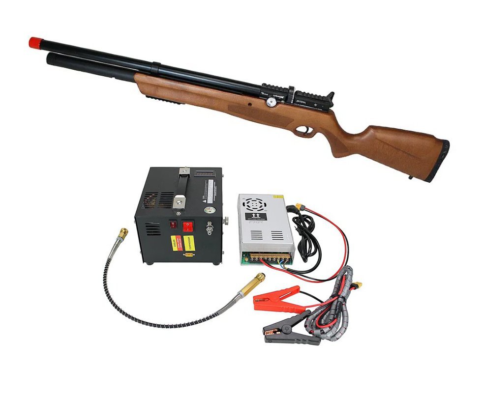 Carabina de Pressão PCP Nova Vista Avenge-X X1 AW 5,5mm Wood Montecarlo + Compressor Portátil Trivolt Compact
