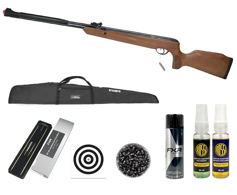 Carabina de Pressão Naja 2.0 Wood Madeira 5,5 Gas Ram Nitro Cano Fixo - TAG + Capa + Chumbo + Alvos + Kit de Limpeza + Desengripante / Anticorrosivo + Kit Fluidos