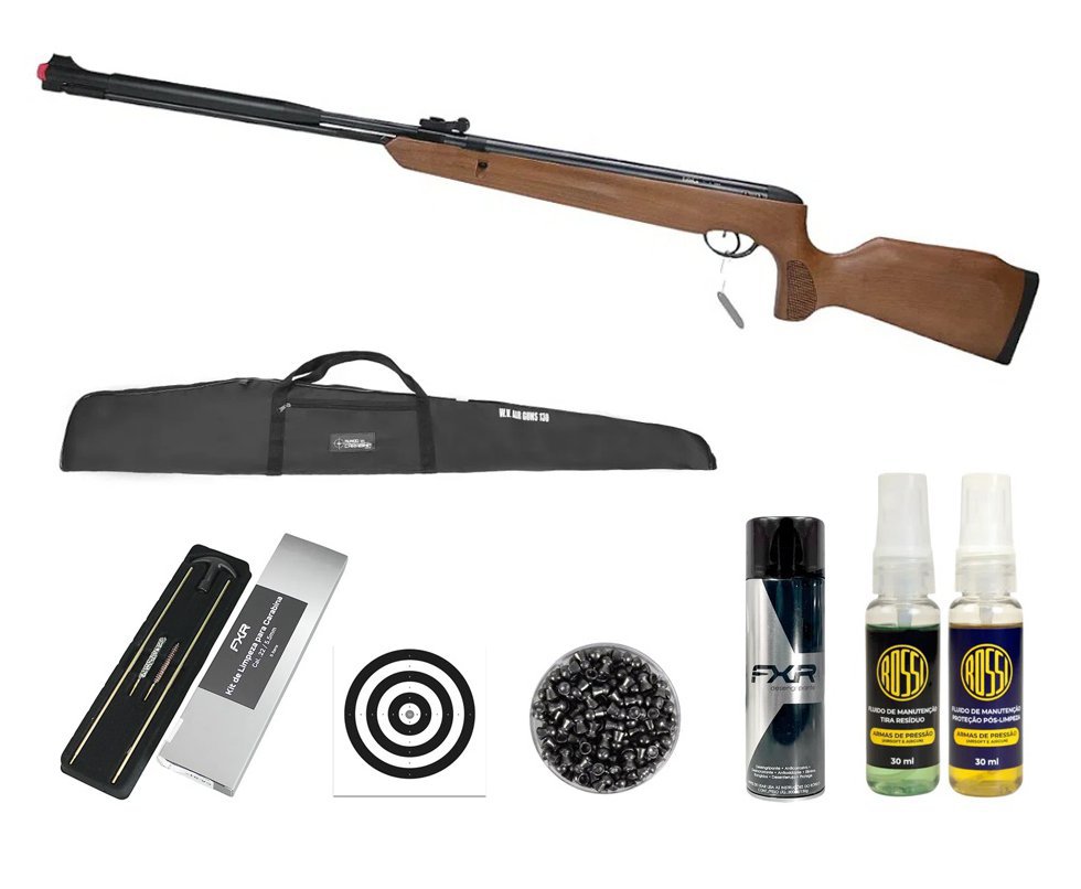 Carabina de Pressão Naja 2.0 Wood Madeira 5,5 Gas Ram Nitro Cano Fixo - TAG + Capa + Chumbo + Alvos + Kit de Limpeza + Desengripante / Anticorrosivo + Kit Fluidos