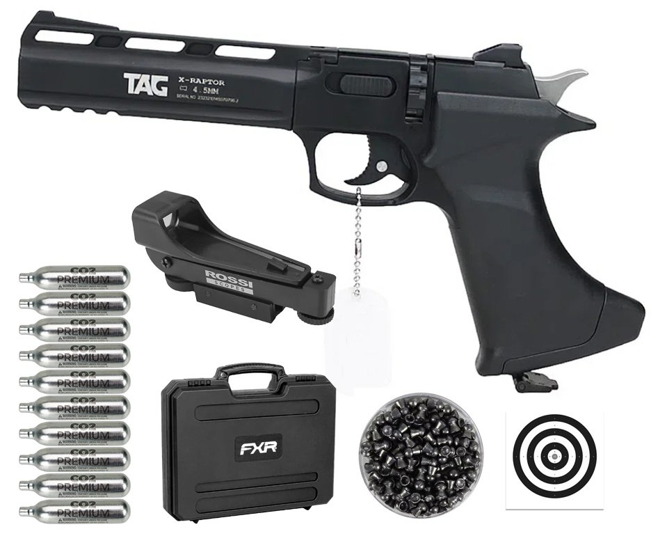 Pistola De Pressão CO2 CP400 RAPHTOR 8 Tiros 4,5mm TAG SPA + Red dot 1x20 + Case + Co2 + Chumbinho + Alvos