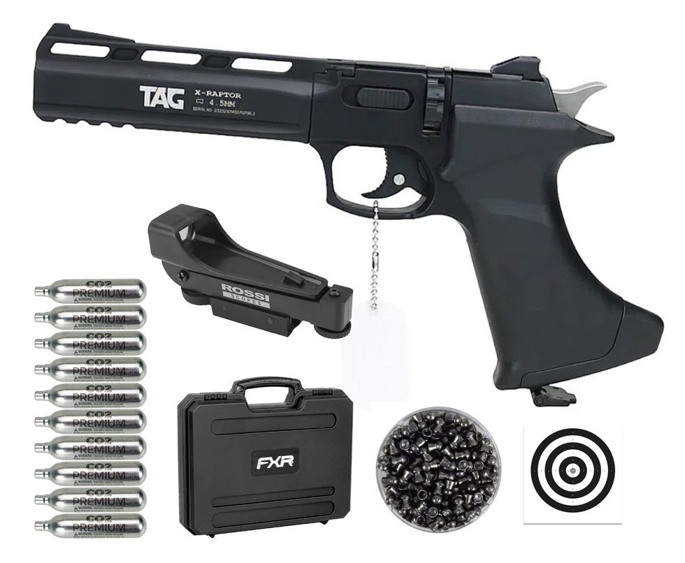 Pistola De Pressão CO2 CP400 RAPHTOR 8 Tiros 4,5mm TAG SPA + Red dot 1x20 + Case + Co2 + Chumbinho + Alvos