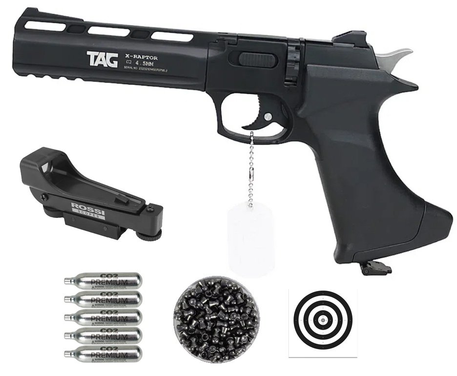 Pistola De Pressão CO2 CP400 RAPHTOR 8 Tiros 4,5mm TAG SPA + Red dot 1x20 + Co2 + Chumbinho + Alvos