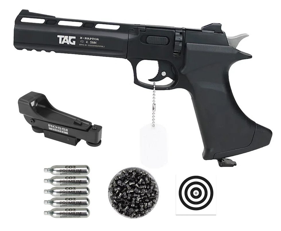 Pistola De Pressão CO2 CP400 RAPHTOR 8 Tiros 4,5mm TAG SPA + Red dot 1x20 + Co2 + Chumbinho + Alvos