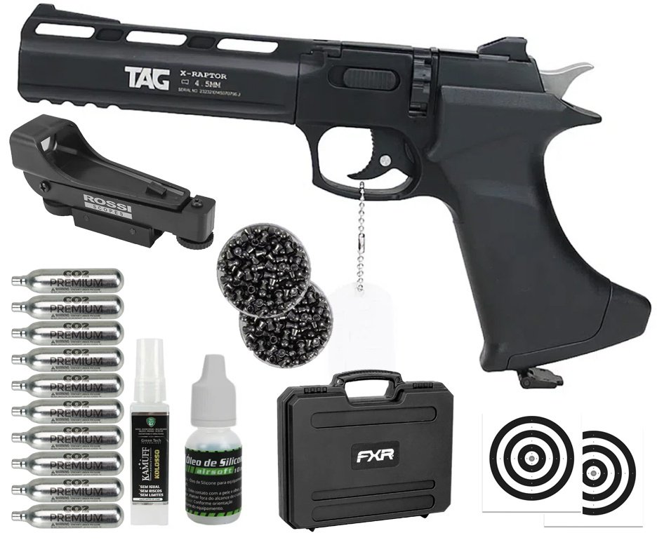 Pistola De Pressão CO2 CP400 RAPHTOR 8 Tiros 4,5mm TAG SPA + Red dot 1x20 + Kamuff + Óleo + Case + Co2 + Chumbinho + Alvos