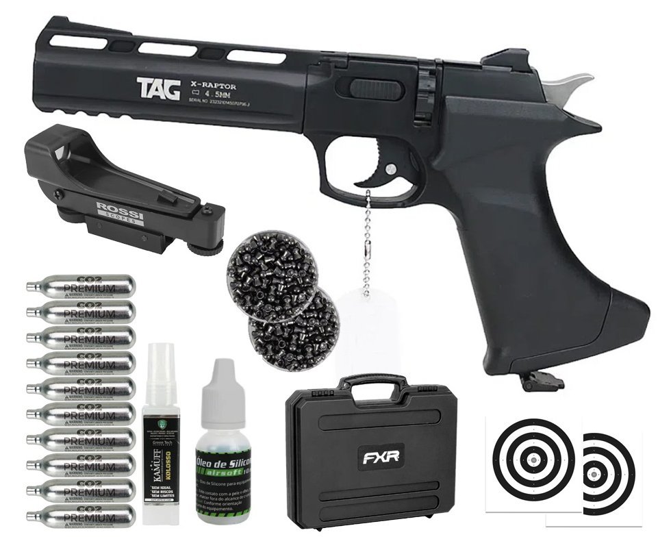 Pistola De Pressão CO2 CP400 RAPHTOR 8 Tiros 4,5mm TAG SPA + Red dot 1x20 + Kamuff + Óleo + Case + Co2 + Chumbinho + Alvos