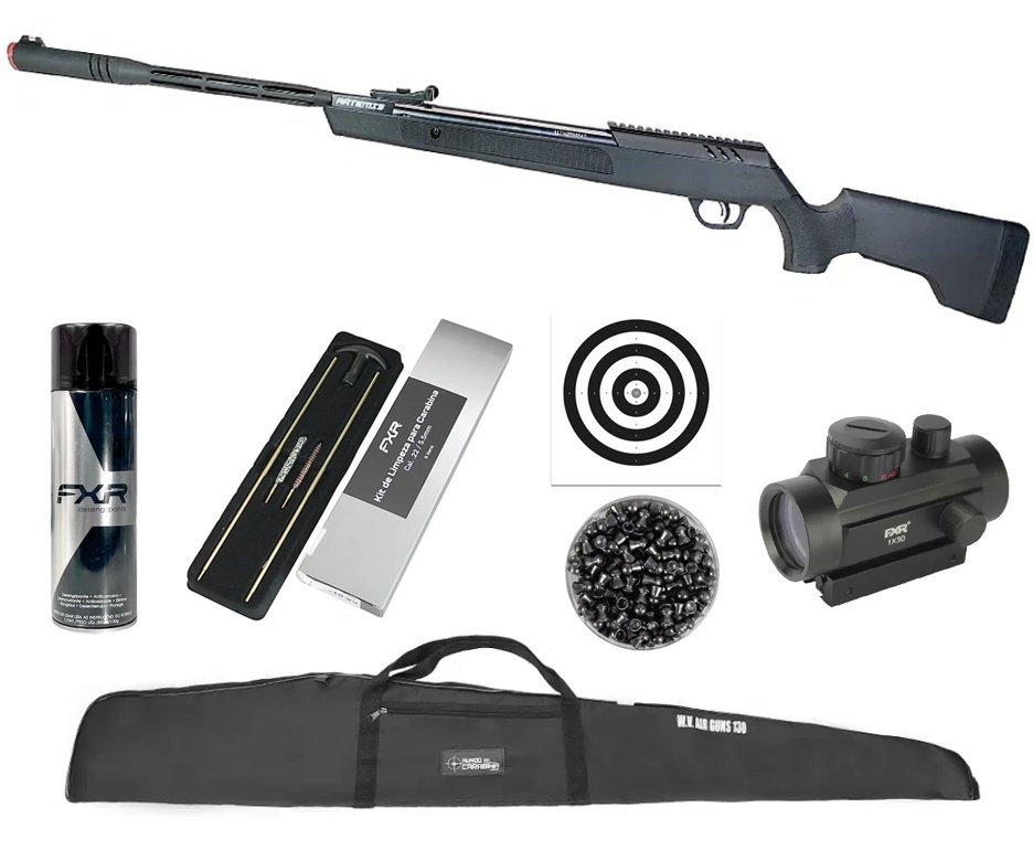 Carabina de Pressão Artemis Dark Eagle Nitro Piston GR 80kg Black 5.5mm - FXR + Capa + Red Dot 1x30 + Chumbo + Alvos + Kit de Limpeza + Desengripante / Anticorrosivo