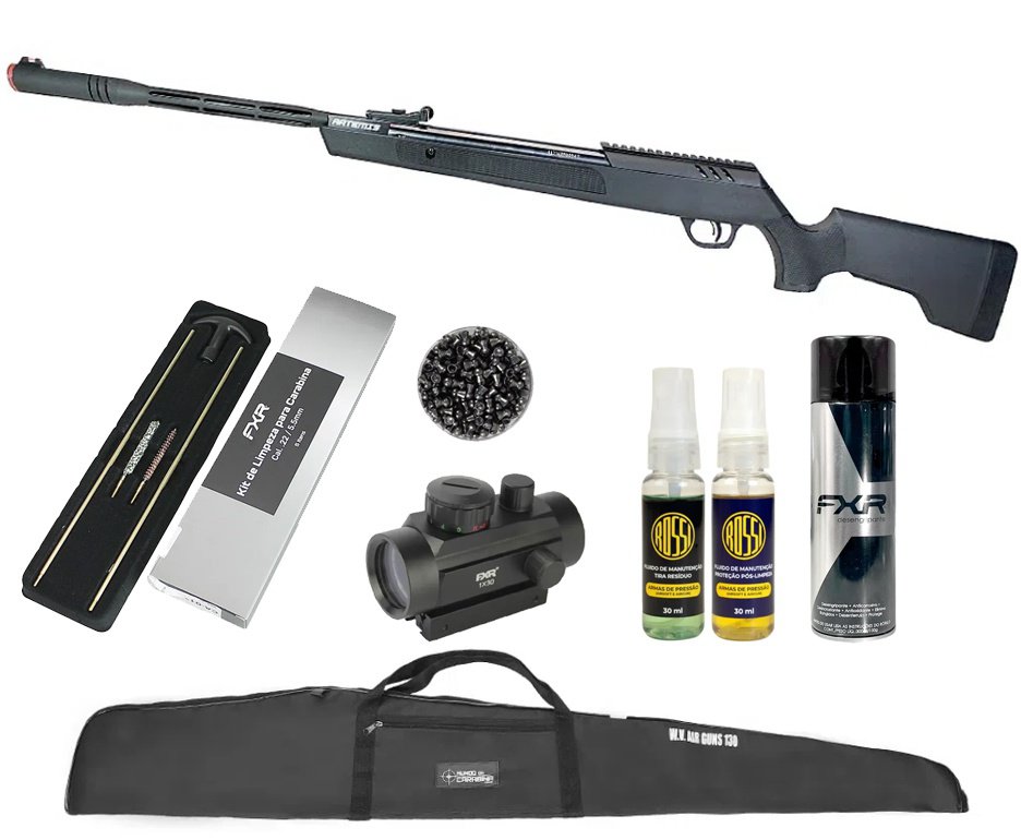 Carabina de Pressão Artemis Dark Eagle Nitro Piston GR 80kg Black 5.5mm - FXR + Red Dot 1x30 + Chumbo + Kit de Limpeza + Desengripante / Anticorrosivo + Kit Fluidos